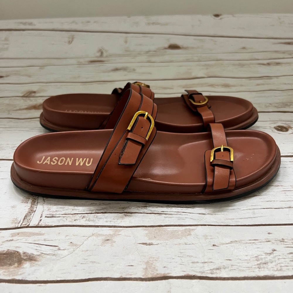 Jason Wu Slide Sandals Cognac Brown Double Buckle Strap 9.5
